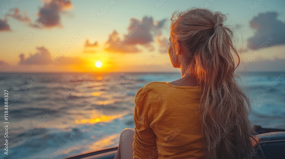 Fototapeta premium Woman watching sunset over ocean. (1)