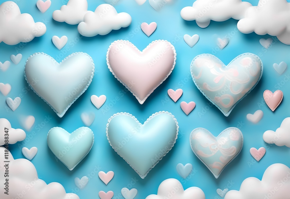 Whimsical hearts and clouds floating on a vibrant blue background Whimsical hearts and clouds floating on a vibrant blue background