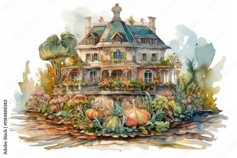 Fototapeta premium a beautiful old house surrounded by a lush garden.