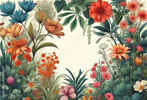 A vibrant illustration of various flowers and foliage in a lush botanical arrangement