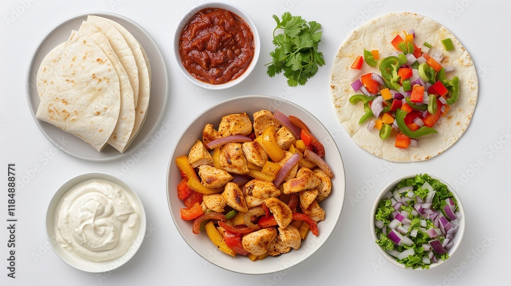 Platter of fajita ingredients including grilled chicken, tortillas, salsa, sour cream, chopped vegetables, and fresh cilantro, top view, minimalistic food composition, Mexican meal concept
Platter of fajita ingredients including grilled chicken, tortillas, salsa, sour cream, chopped vegetables, and fresh cilantro, top view, minimalistic food composition, Mexican meal concept