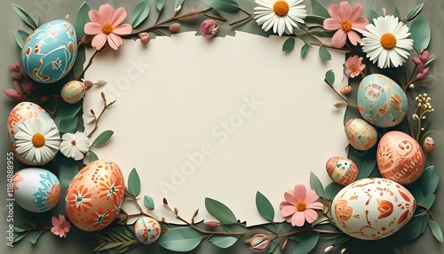 A festive arrangement of painted easter eggs surrounded by delicate flowers and greenery