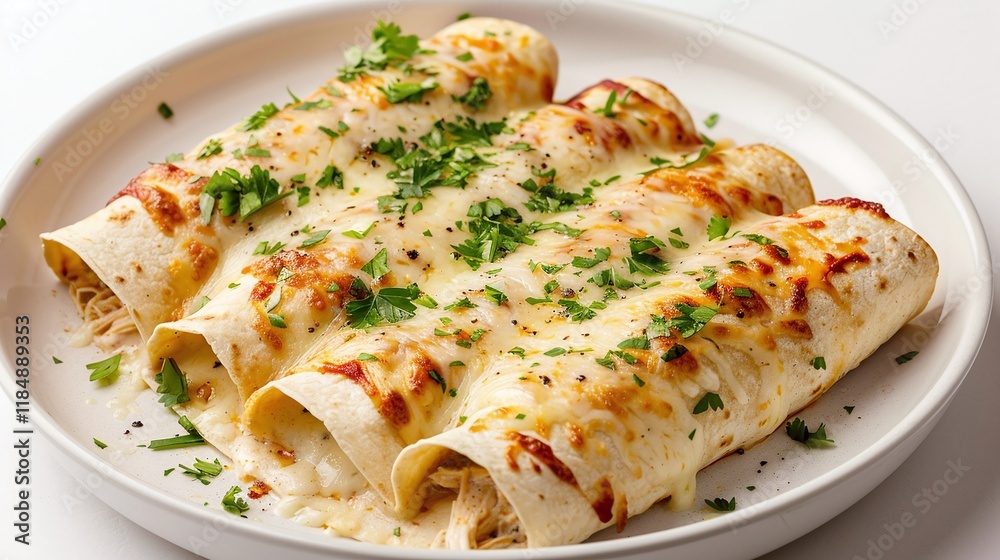 Three baked enchiladas garnished with parsley, served with salsa and sour cream on a white plate, surrounded by lime wedges and tomatoes, minimalistic Mexican food composition
Three baked enchiladas garnished with parsley, served with salsa and sour cream on a white plate, surrounded by lime wedges and tomatoes, minimalistic Mexican food composition