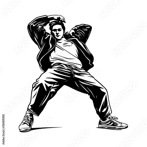 Silhouette of a young Asian man freestyle dancing at a wedding, wearing a stylish modern outfit like a graphic T-shirt, skinny jeans, and sneakers, full-body view from head to toe, solid black