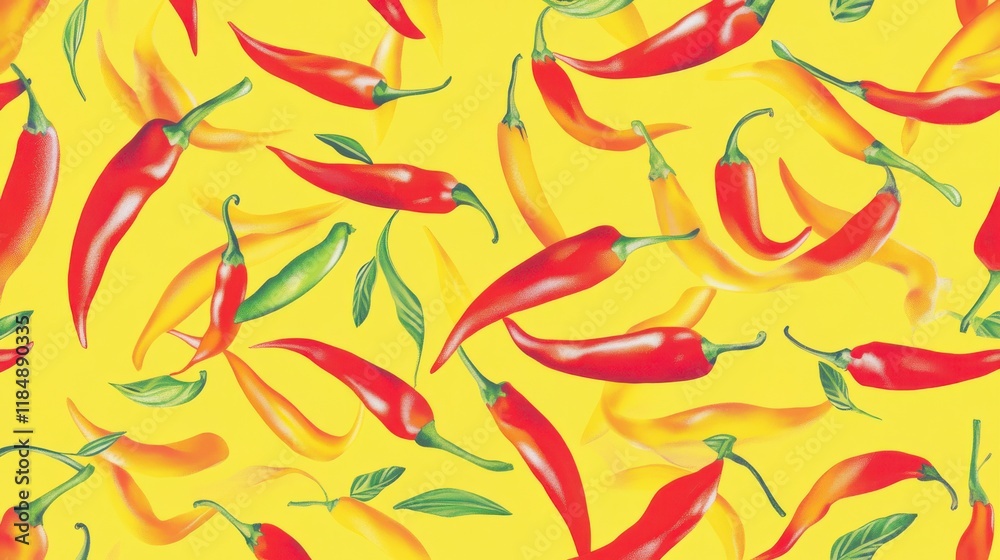 A Captivating Chili Pepper Pattern: A Vibrant Visual Feast of Red and Yellow Chili Peppers, Perfect for Kitchen Decor or Culinary Enthusiasts.