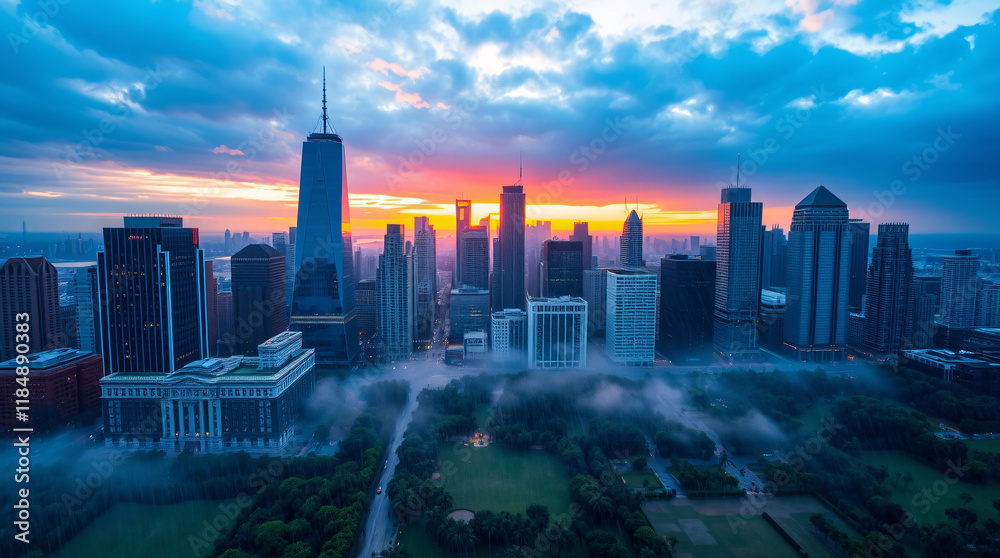 Fototapeta premium A stunning aerial view of a vibrant city skyline at sunrise, as the golden hues of the sun begin to bathe the city in warmth