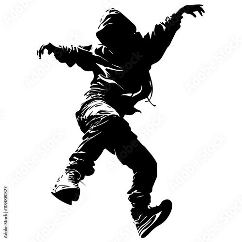 Silhouette of a young Asian man freestyle dancing at a wedding, wearing a stylish modern outfit like a graphic T-shirt, skinny jeans, and sneakers, full-body view from head to toe, solid black