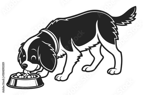A black color line art Cavalier King Charles Spaniel dog Eating  simple flat vector on white background