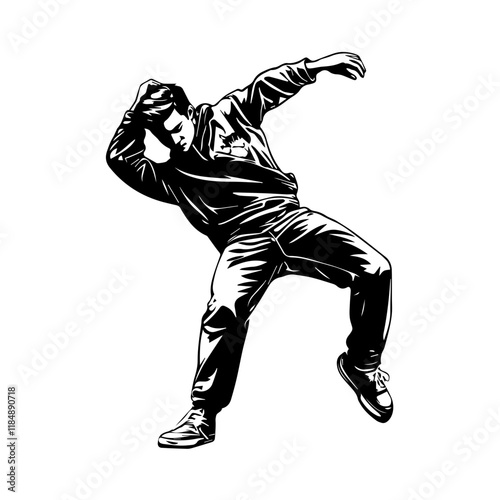 Silhouette of a young Asian man freestyle dancing at a wedding, wearing a stylish modern outfit like a graphic T-shirt, skinny jeans, and sneakers, full-body view from head to toe, solid black