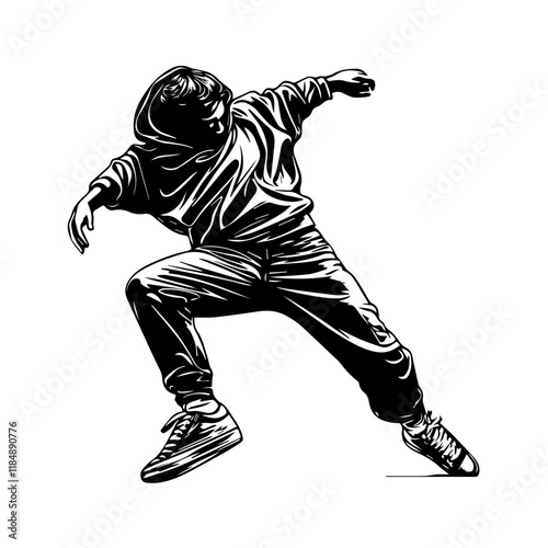 Silhouette of a young Asian man freestyle dancing at a wedding, wearing a stylish modern outfit like a graphic T-shirt, skinny jeans, and sneakers, full-body view from head to toe, solid black