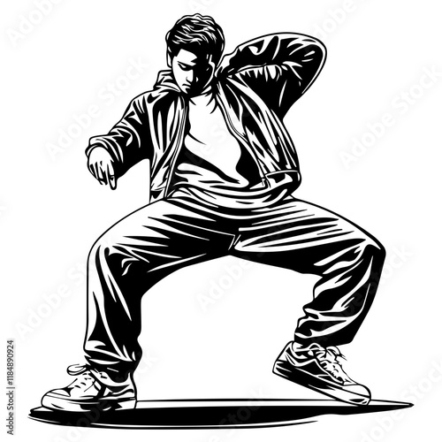 Silhouette of a young Asian man freestyle dancing at a wedding, wearing a stylish modern outfit like a graphic T-shirt, skinny jeans, and sneakers, full-body view from head to toe, solid black