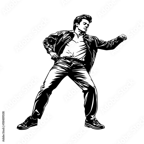 Silhouette of a young Asian man freestyle dancing at a wedding, wearing a stylish modern outfit like a graphic T-shirt, skinny jeans, and sneakers, full-body view from head to toe, solid black