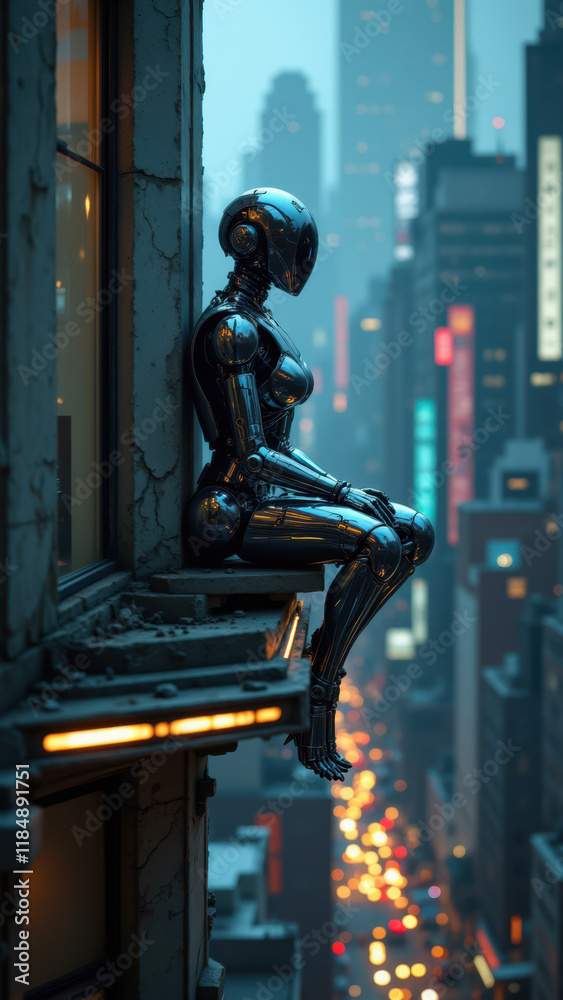 AI robot on ledge overlooking city lights at night. AI robot on ledge overlooking city lights at night.