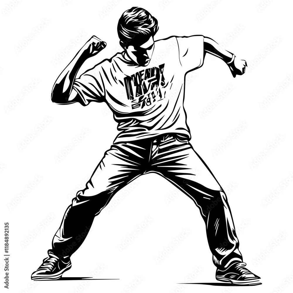 Naklejka premium Silhouette of a young Asian man freestyle dancing at a wedding, wearing a stylish modern outfit like a graphic T-shirt, skinny jeans, and sneakers, full-body view from head to toe, solid black