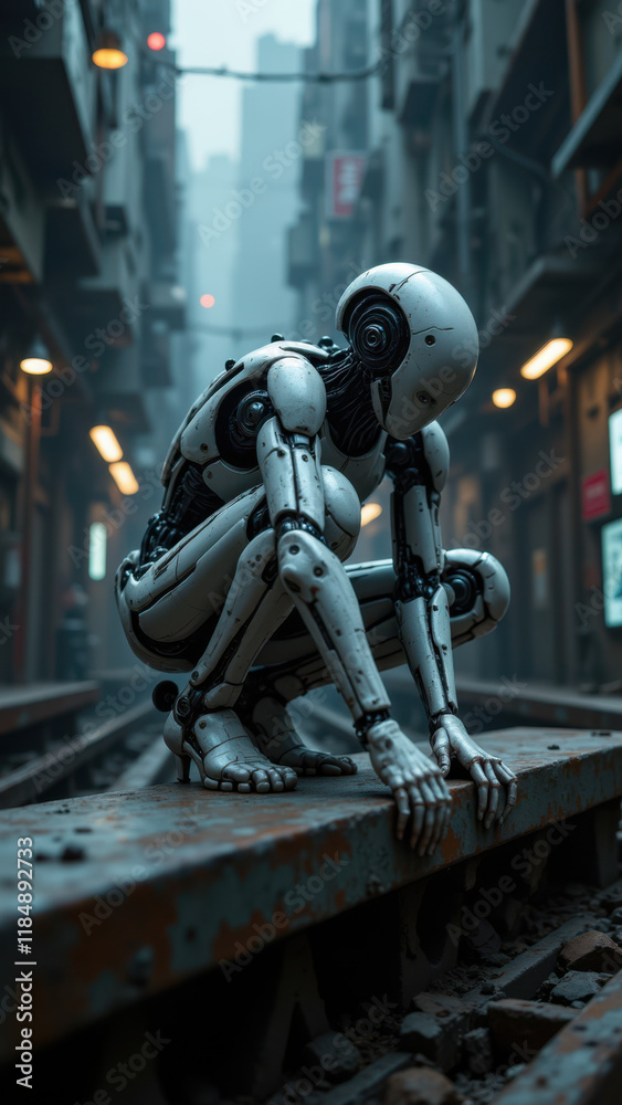 An AI robot sits on abandoned train tracks, contemplating the city's decay. An AI robot sits on abandoned train tracks, contemplating the city's decay.
