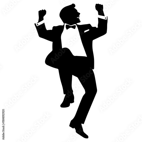 silhouette of a young Asian man having fun and acting lively at a wedding, wearing a tuxedo, full-body view from head to toe, solid black silhouette with no gradients, background is pure white