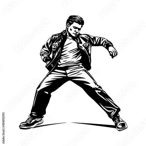 Silhouette of a young Asian man freestyle dancing at a wedding, wearing a stylish modern outfit like a graphic T-shirt, skinny jeans, and sneakers, full-body view from head to toe, solid black