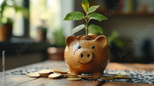 Piggy bank with growing plant symbolizing sustainable financial growth concept