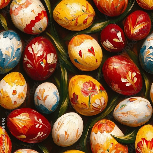 Tiling pattern of colorfully painted Easter eggs in a festive arrangement