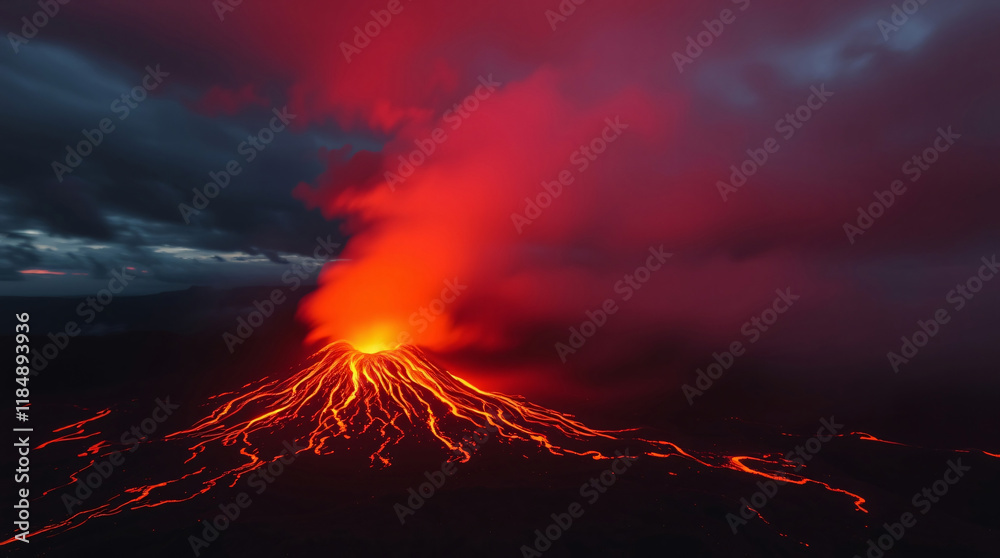 Fototapeta premium A breathtaking moment as a volcano shifts from calm to eruption, with lava flowing smoothly, showcasing the natural balance of calm and power