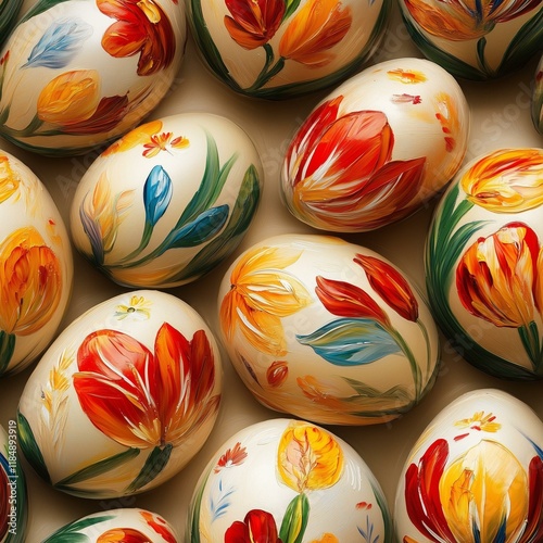 Tiling pattern of Easter eggs with floral patterns in vibrant colors
