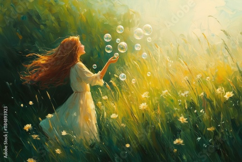 Painting of a young girl catching bubbles in a sunny meadow