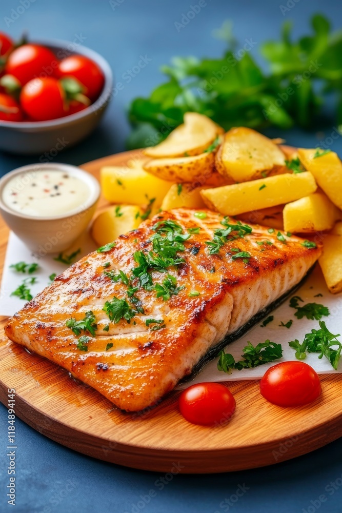 Disfrute de filetes de pescado dorados acompañados de papas y una salsa deliciosa Disfrute de filetes de pescado dorados acompañados de papas y una salsa deliciosa