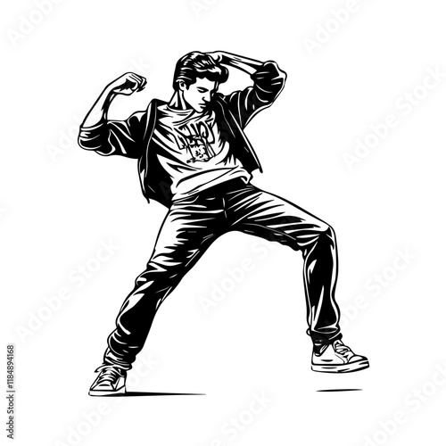 Silhouette of a young Asian man freestyle dancing at a wedding, wearing a stylish modern outfit like a graphic T-shirt, skinny jeans, and sneakers, full-body view from head to toe, solid black