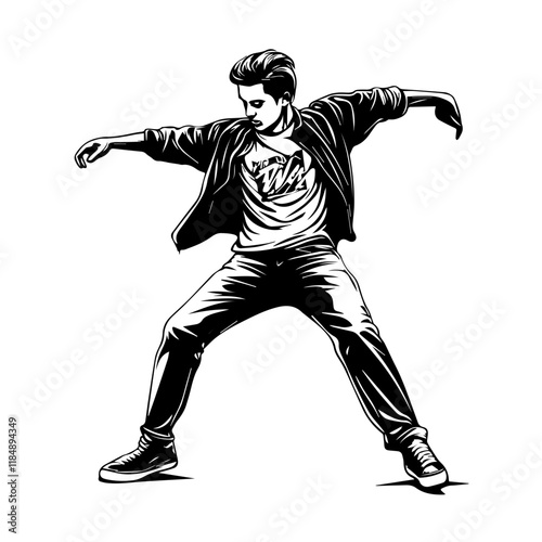 Silhouette of a young Asian man freestyle dancing at a wedding, wearing a stylish modern outfit like a graphic T-shirt, skinny jeans, and sneakers, full-body view from head to toe, solid black