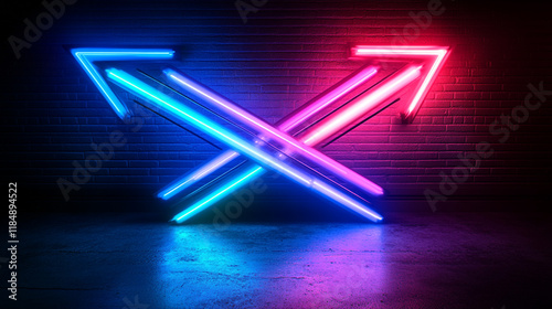 Neon arrows intersecting on a dark wall with vibrant colors in a modern setting