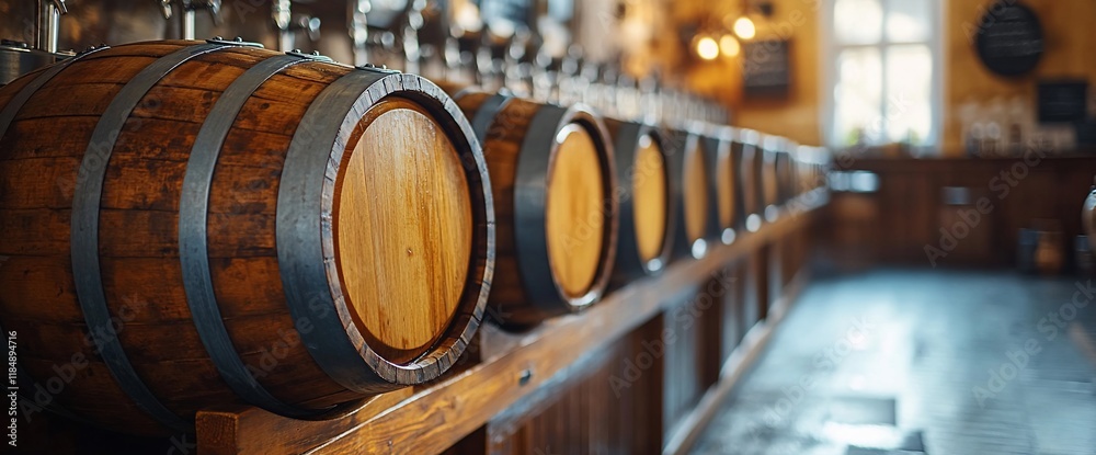 Wooden barrels lined up on a wooden rack in a rustic setting. Wooden barrels lined up on a wooden rack in a rustic setting.