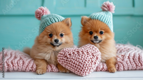 Two Pomeranian spitz puppies in cute knitted clothes