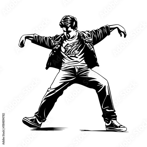 Silhouette of a young Asian man freestyle dancing at a wedding, wearing a stylish modern outfit like a graphic T-shirt, skinny jeans, and sneakers, full-body view from head to toe, solid black