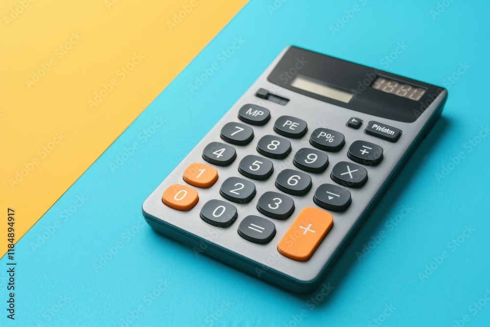 Gray calculator with orange and black buttons lying on blue and yellow background showing number 1881 on display Gray calculator with orange and black buttons lying on blue and yellow background showing number 1881 on display