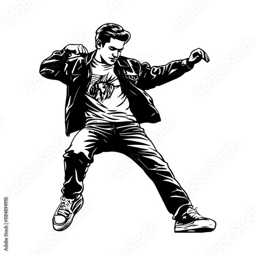 Silhouette of a young Asian man freestyle dancing at a wedding, wearing a stylish modern outfit like a graphic T-shirt, skinny jeans, and sneakers, full-body view from head to toe, solid black