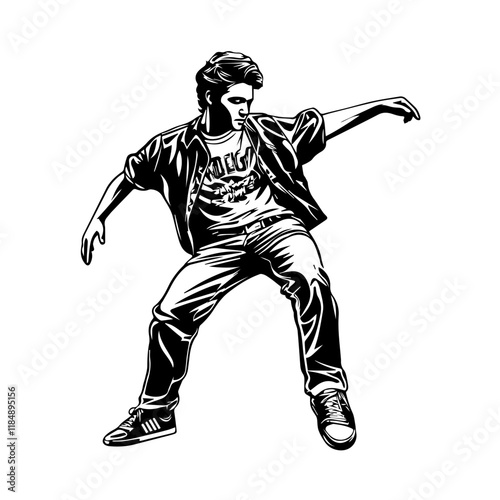 Silhouette of a young Asian man freestyle dancing at a wedding, wearing a stylish modern outfit like a graphic T-shirt, skinny jeans, and sneakers, full-body view from head to toe, solid black