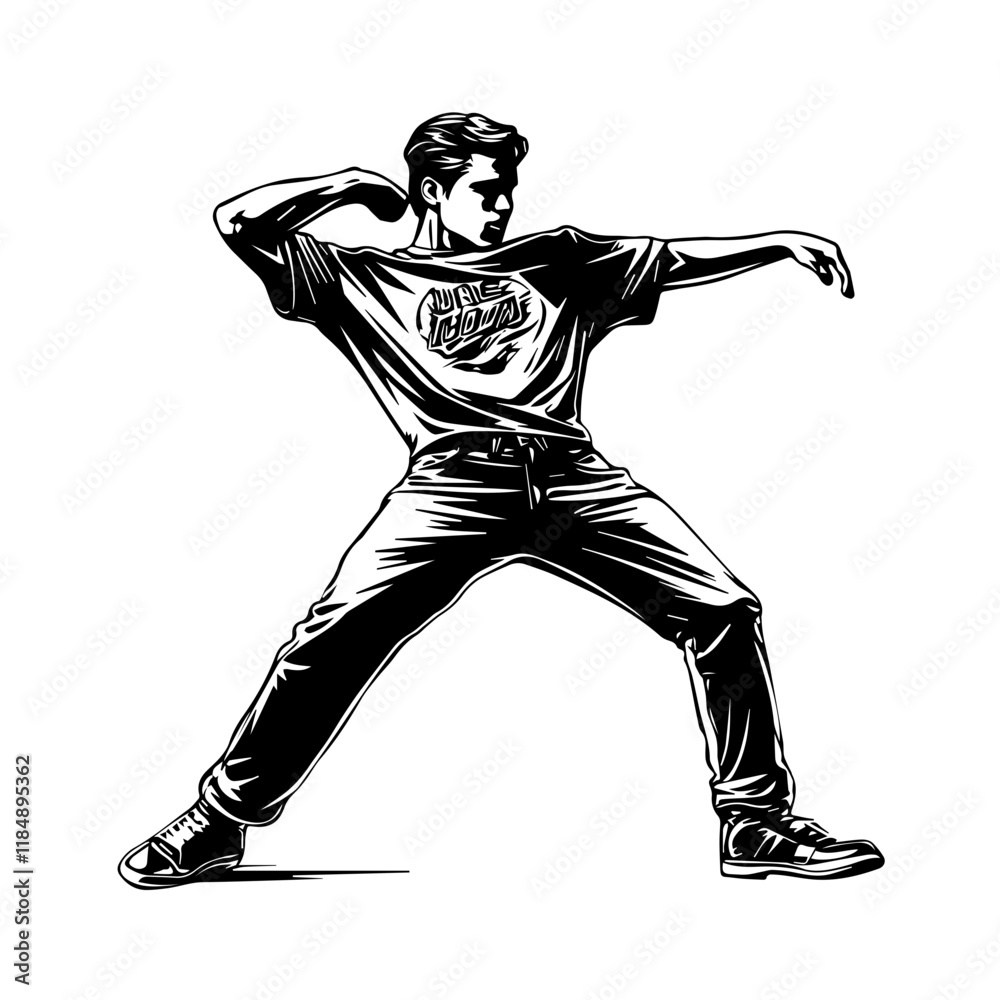 Naklejka premium Silhouette of a young Asian man freestyle dancing at a wedding, wearing a stylish modern outfit like a graphic T-shirt, skinny jeans, and sneakers, full-body view from head to toe, solid black
