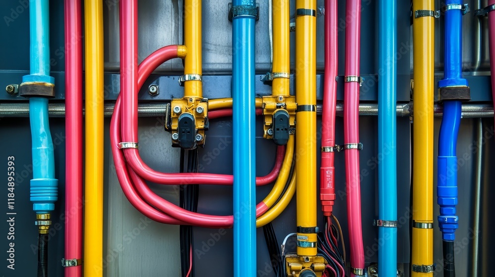 Colorful pipes, valves, and wires intricately arranged. Colorful pipes, valves, and wires intricately arranged.