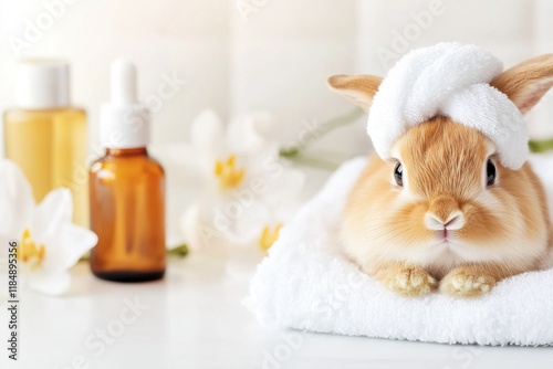 Small rabbit enjoying a spa day with towels, oils, and flowers for relaxation and comfort in a minimalist setting