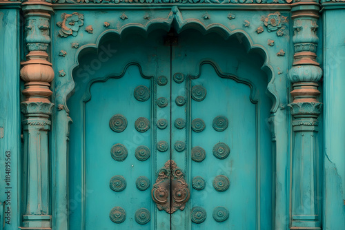 Ornate turquoise door and fa? section ade detailing at Patrika Gate in Jaipur, India photo