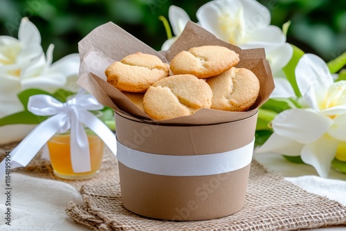 Galletas Anzac servidas en un recipiente decorado con flores y un toque de miel photo