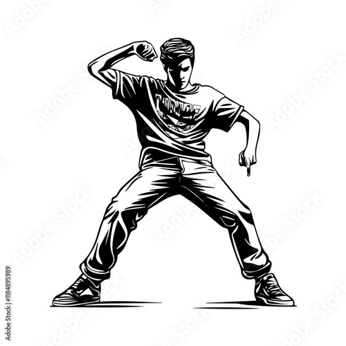 Silhouette of a young Asian man freestyle dancing at a wedding, wearing a stylish modern outfit like a graphic T-shirt, skinny jeans, and sneakers, full-body view from head to toe, solid black
