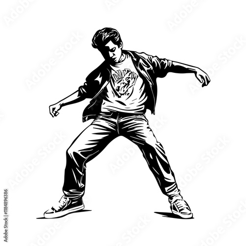 Silhouette of a young Asian man freestyle dancing at a wedding, wearing a stylish modern outfit like a graphic T-shirt, skinny jeans, and sneakers, full-body view from head to toe, solid black
