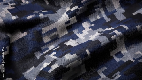 Abstract military camouflage fabric featuring a blend of dark and light blue tones with geometric patterns. photo