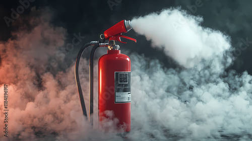 Red fire extinguisher blow smoke isolated on transparent background. burning hot danger emergency, safety object, help. 3d render illustration. Firestone. Illustration photo