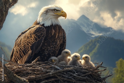 Majestic bald eagle guarding its young chicks in a nest perched high in the rugged mountains photo