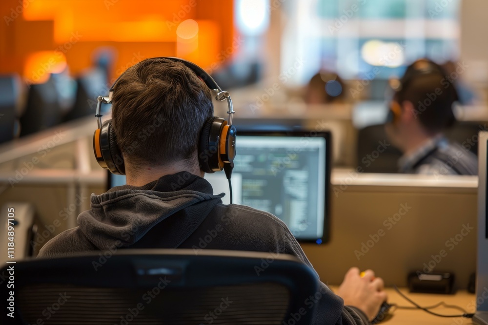 Software developer concentrating on code in a busy office environment, wearing headphones for focus Software developer concentrating on code in a busy office environment, wearing headphones for focus