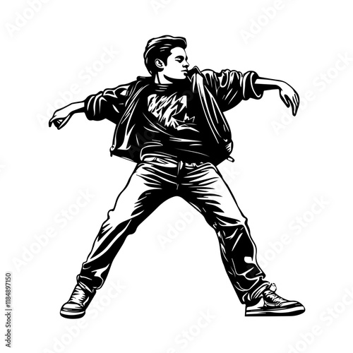 Silhouette of a young Asian man freestyle dancing at a wedding, wearing a stylish modern outfit like a graphic T-shirt, skinny jeans, and sneakers, full-body view from head to toe, solid black