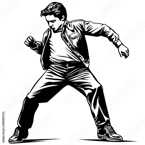 Silhouette of a young Asian man freestyle dancing at a wedding, wearing a stylish modern outfit like a graphic T-shirt, skinny jeans, and sneakers, full-body view from head to toe, solid black