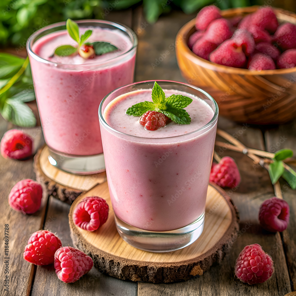 Delicious raspberry smoothie in glass. Delicious raspberry smoothie in glass.